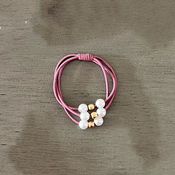 Mauve Purple White Pearl & Gold Bead Triple Elastic Bracelet Hair Tie Addl Avail - Picture 1 of 2